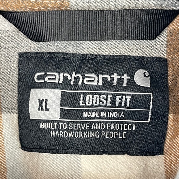 Carhartt Flannel Shirt Mens XL Loose Fit 100% Cotton Soft Warm Tan Gray Plaid - Picture 2 of 10